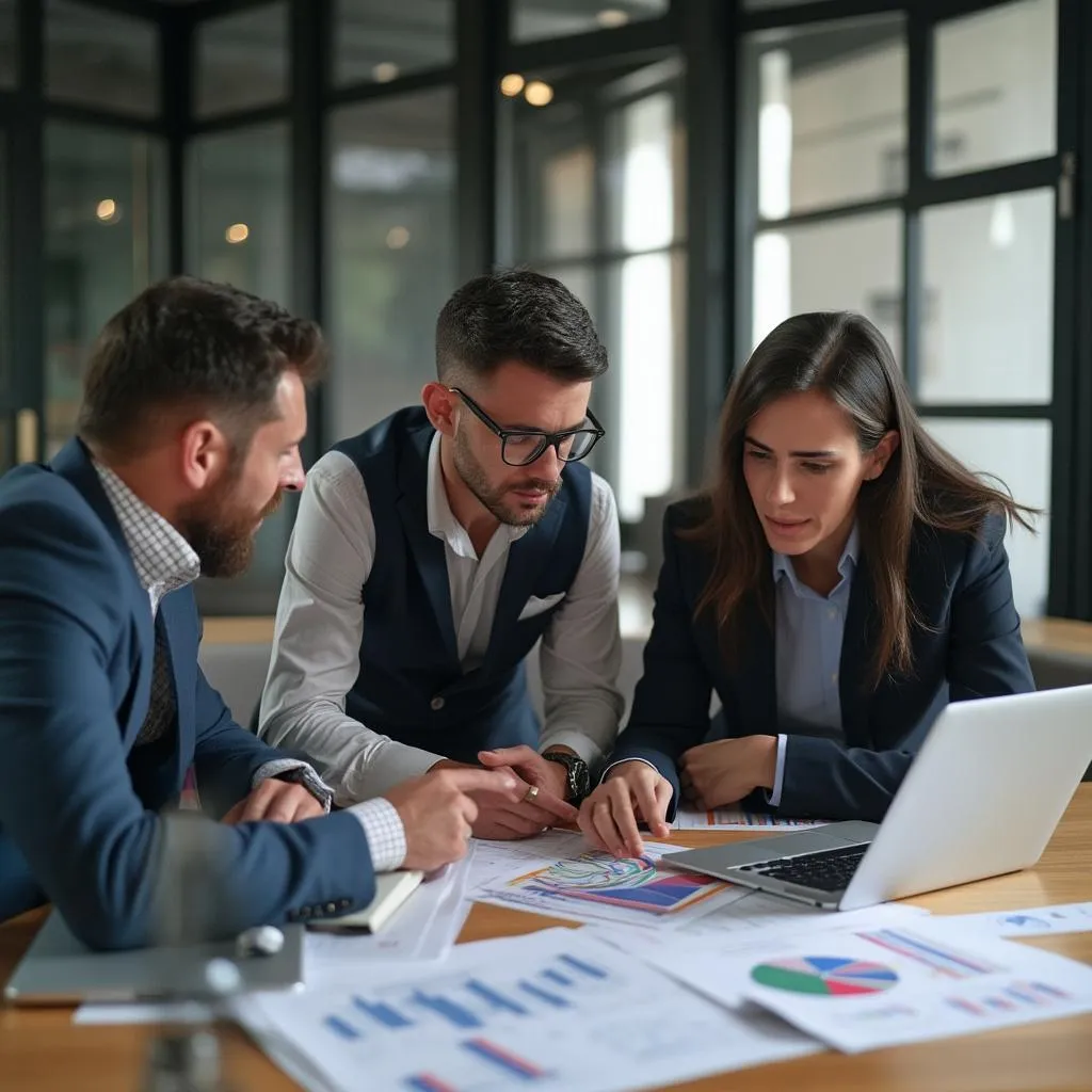 Consultores en reunión de estrategia analizando gráficos financieros
