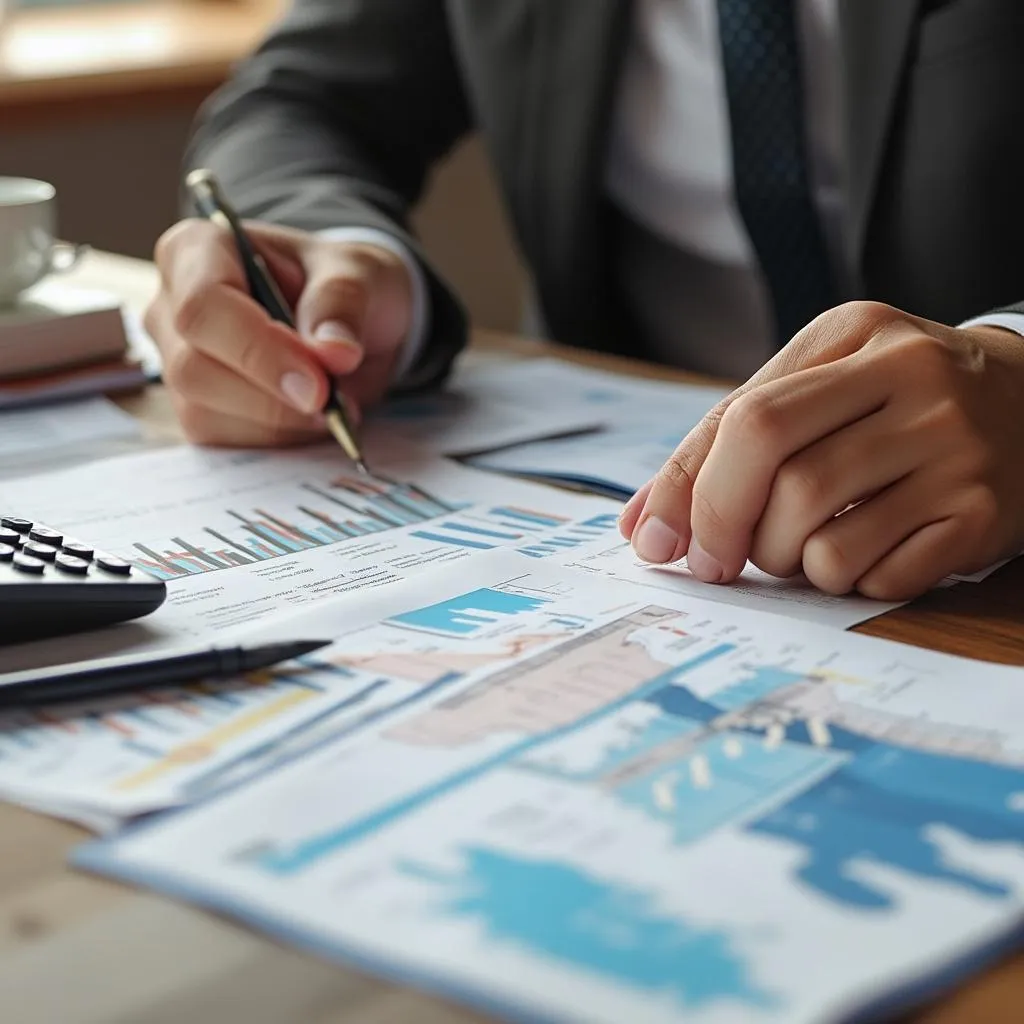 Detalle de manos trabajando sobre documentos financieros y una calculadora